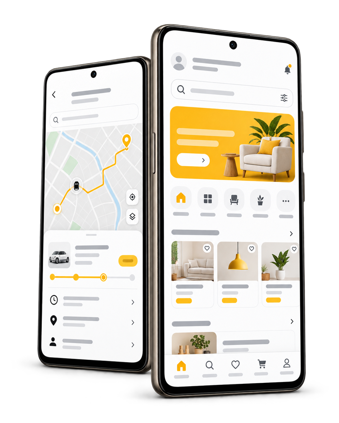 Two Android app screens showing shopping and map experiences