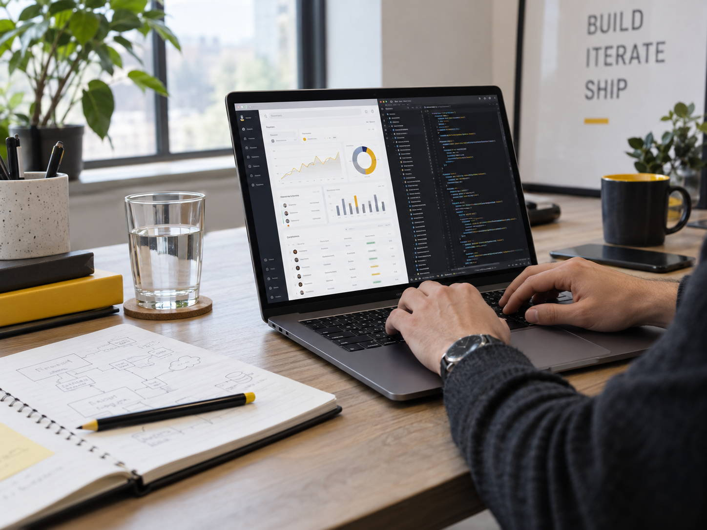 Developer working with an application dashboard and code editor