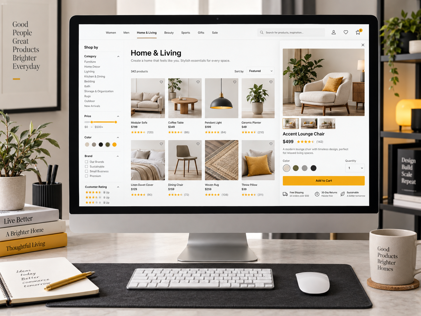 Magento storefront product catalog displayed on a desktop monitor